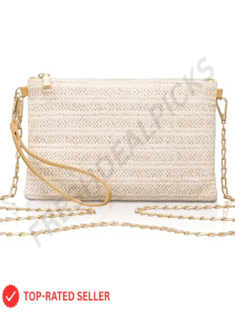 Handwoven Straw Clutch with Detachable Gold Chain Strap | Evening Bag